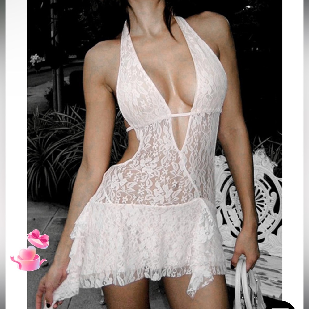 Emmiol White Cutout Lace Plunge Neck Halter Irregular Hem Mini Dress